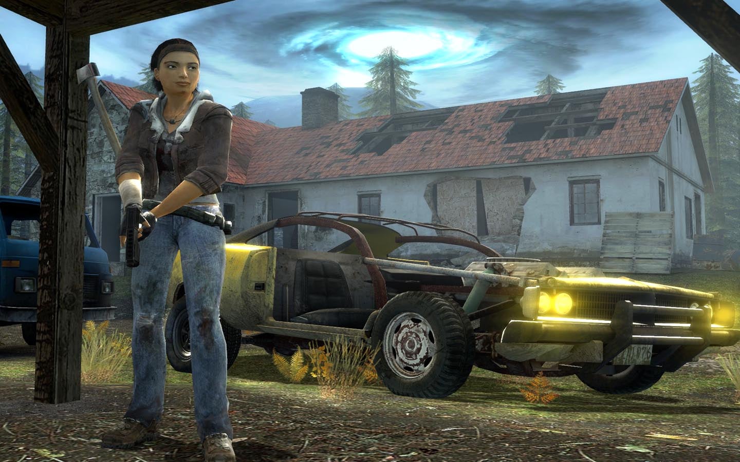 Alyx Vance stands ready to shoot next to a hollowed out car in Half-Life 2: Episode 2