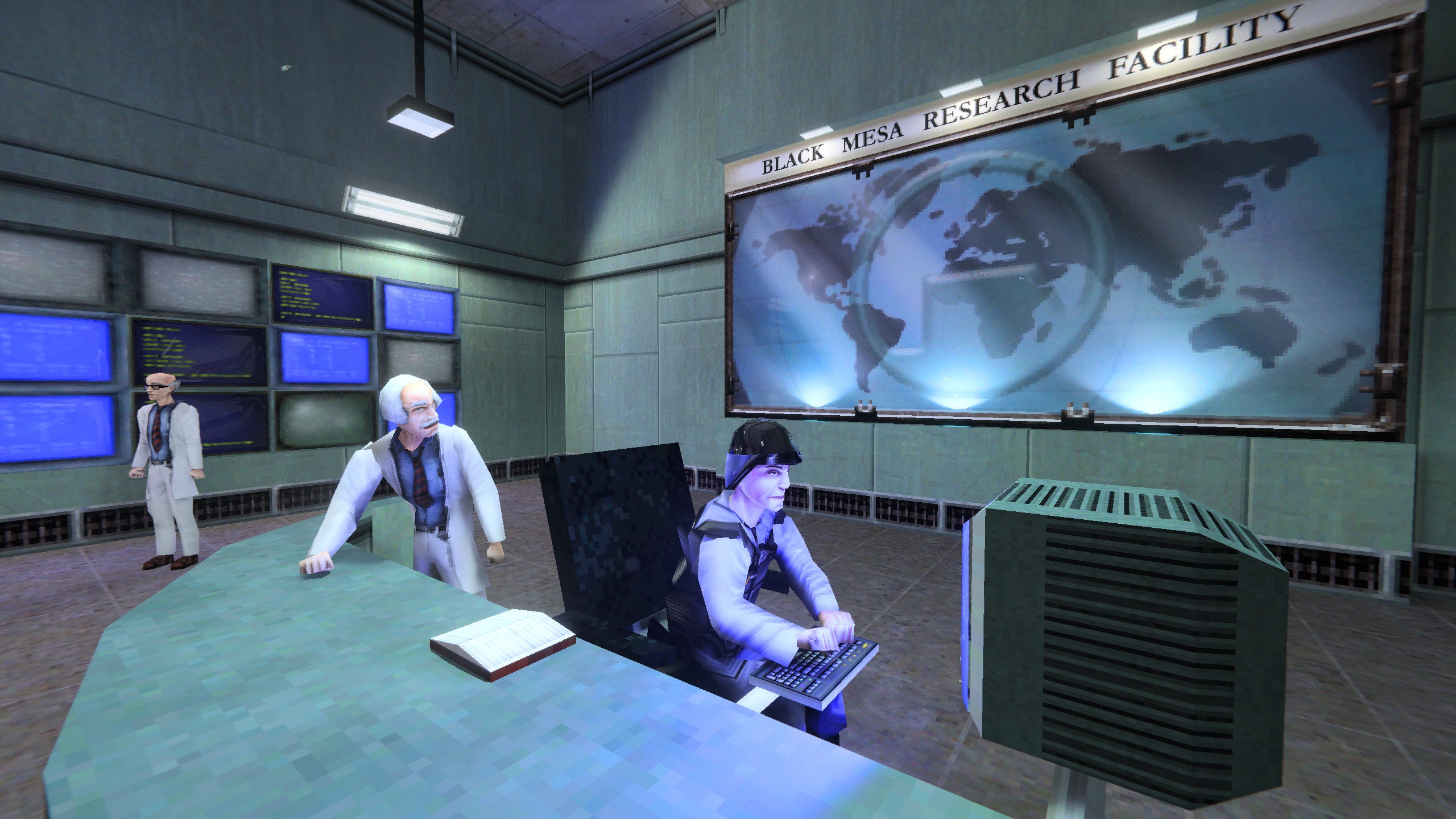 Barney at his desk in a Half-Life: Ray Traced screenshot.