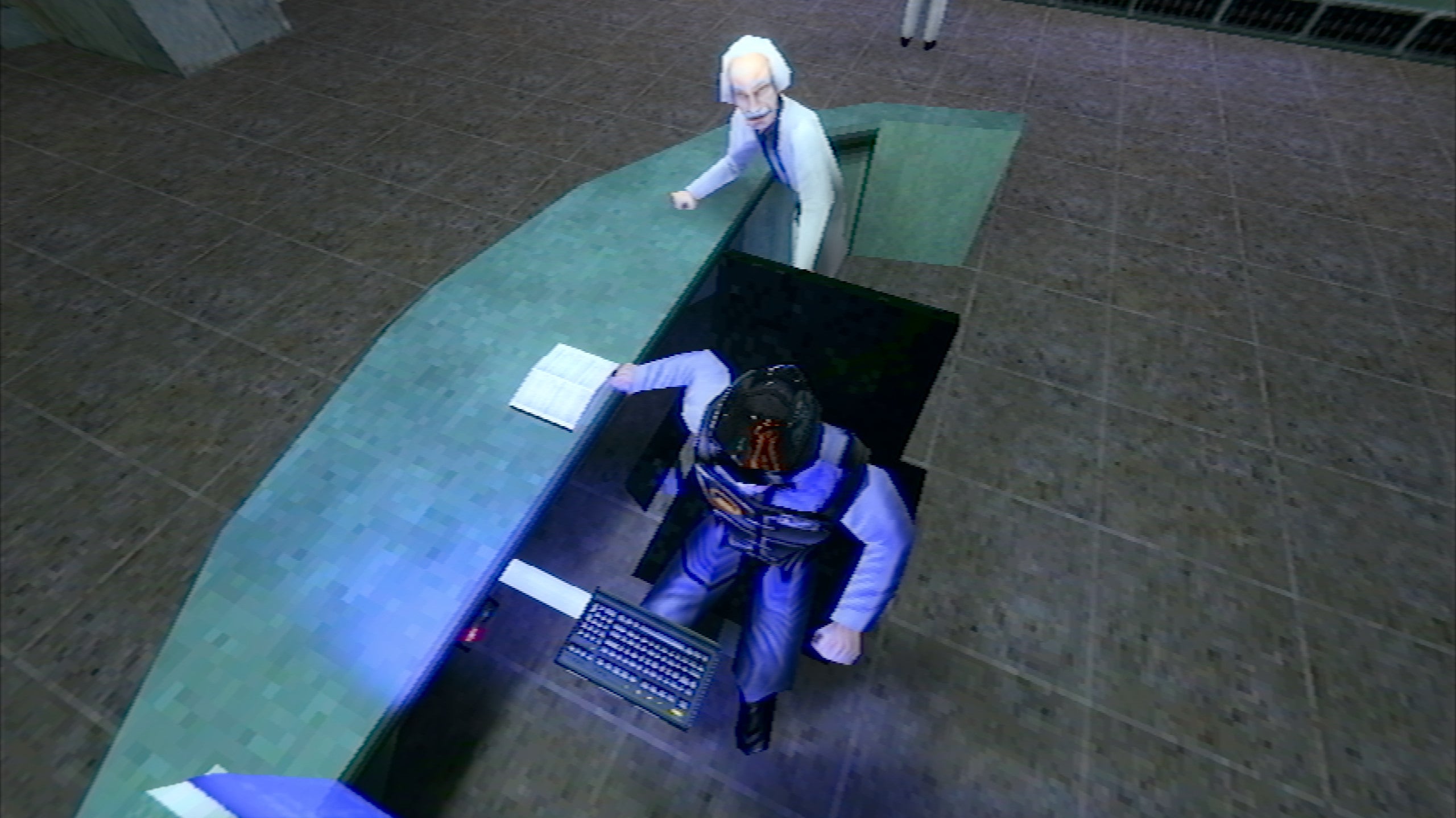 Gordon Freeman reflected in Barney's shiny helmet in a Half-Life: Ray Traced screenshot.