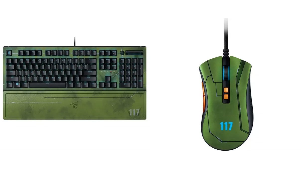 A Halo-branded mouse and keyboard made by Razer, in a military-style green colour scheme.