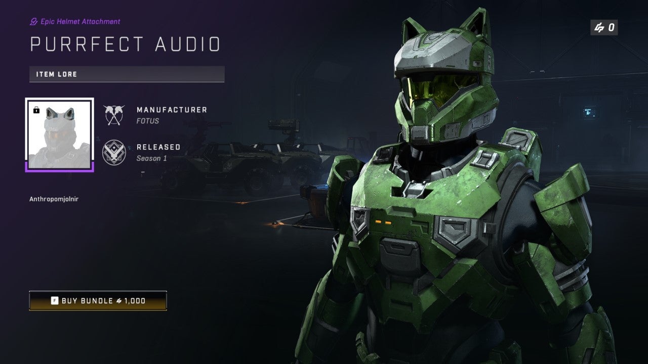 A green Spartan outfitted with cat ears in Halo Infinite.