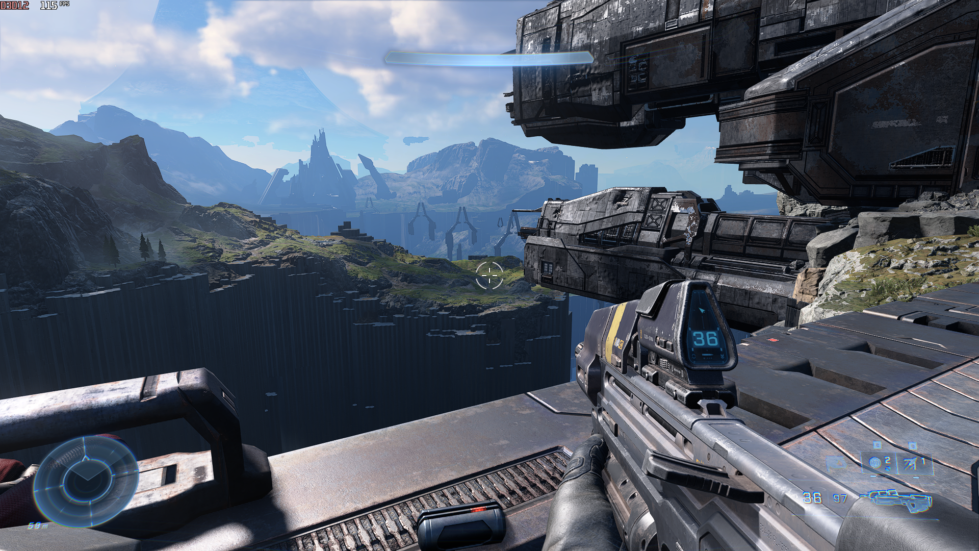 A vista in Halo Infinite, showing the geometry quality setting on Low.