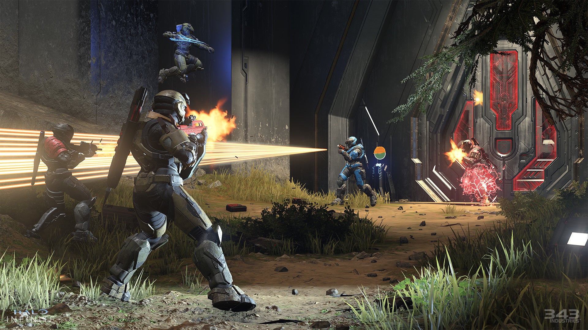A group of Spartans in battle wielding a variety of weapons, including (prominently) a laser beam.