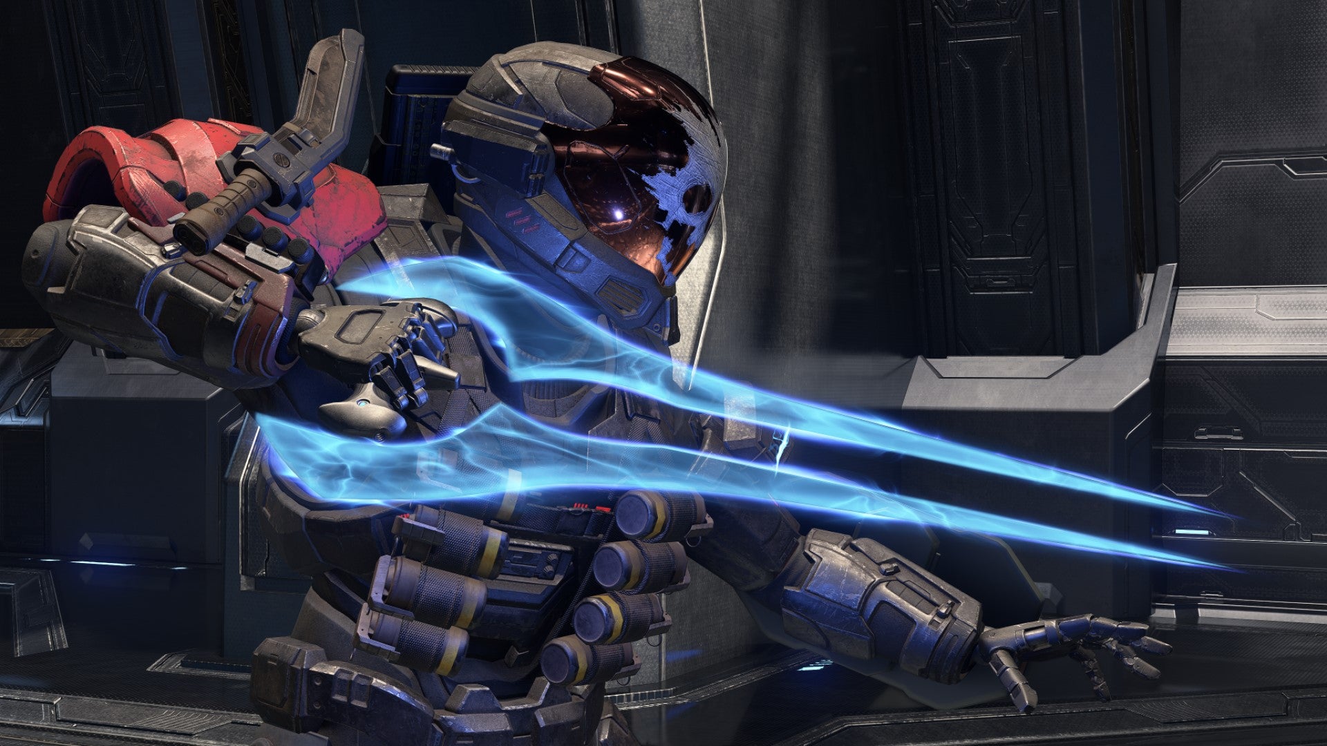 A Spartan raises their energy sword in Halo Infinite.