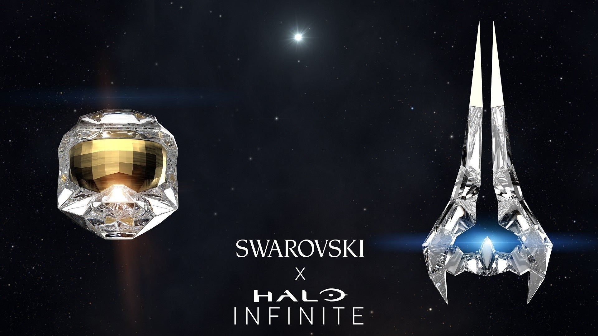 Halo-themed Swarovski cryals, the left is Master Chief's helmet, and the right is a rather pointy Energy Sword.