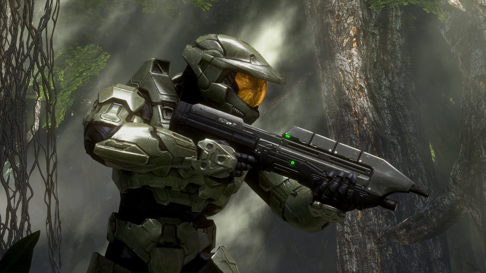 John Masterchief looks dramatic with a gun in Halo 3.