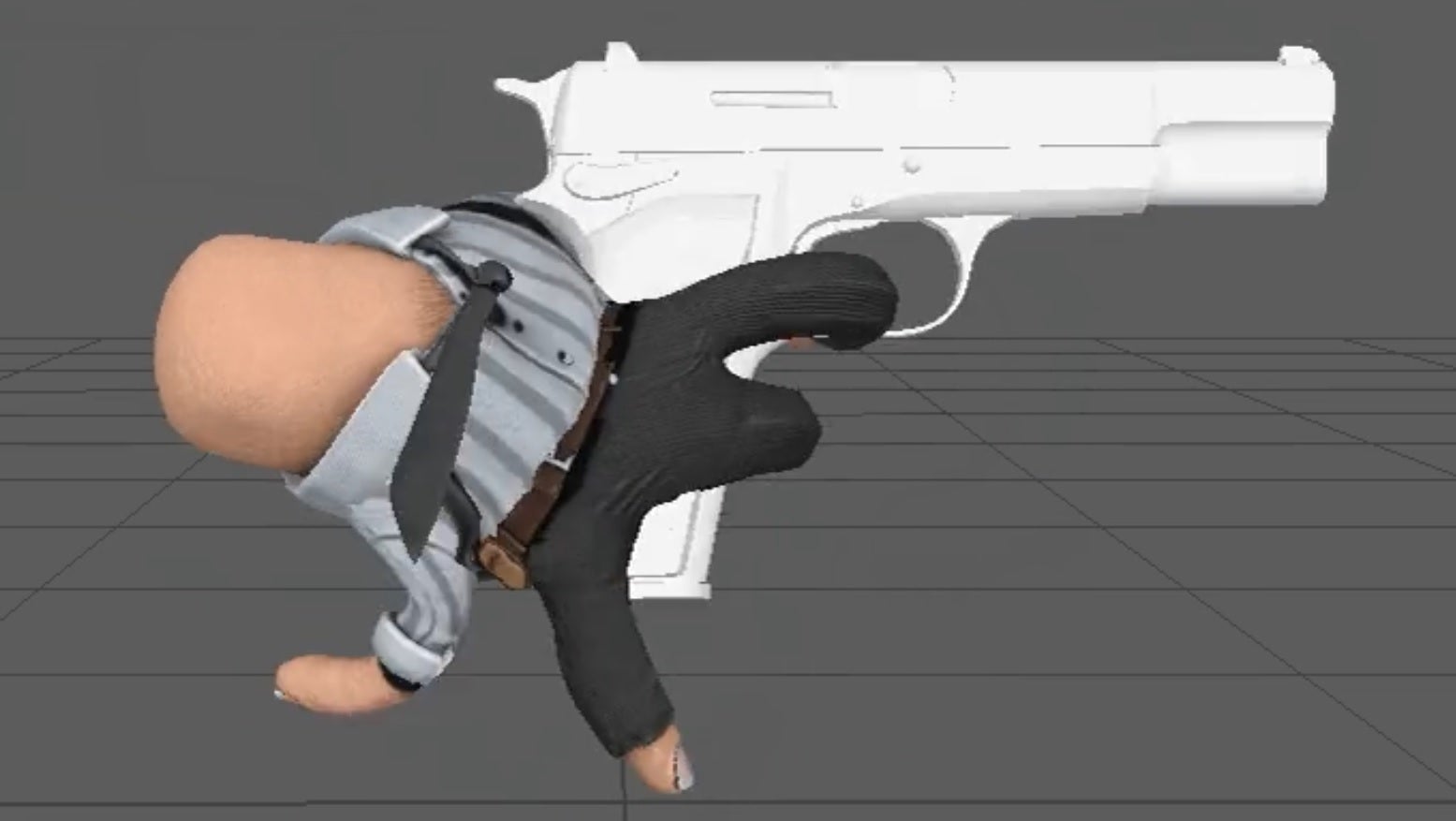 Handcop - A frame from a test animation for a disembodied hand that's dressed like a detective holding a large pistol.