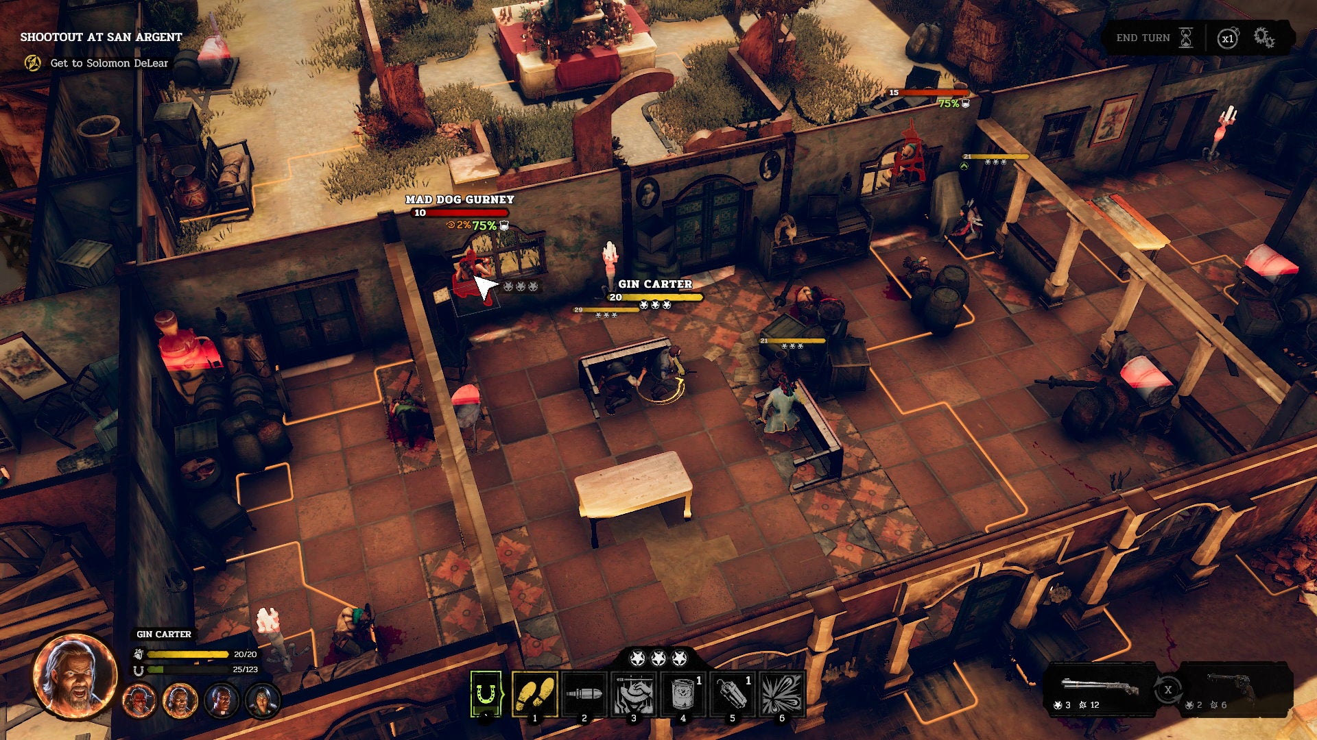 A cowboy weighs up whether to shoot an opponent behind cover inside a mansion in Hard West 2