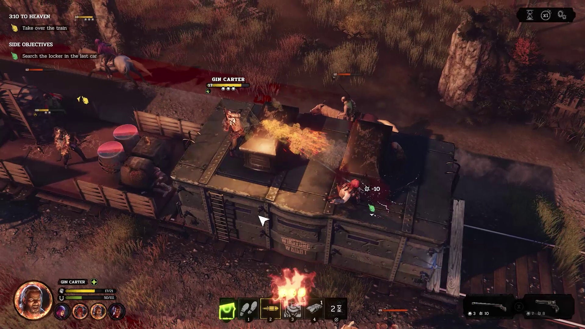 A cowboy shoots a mercenary on top of a train in Hard West 2