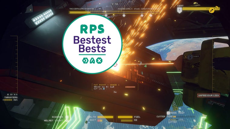 A shipbreaker in Hardspace Shipbreaker laser-carves through the side of a wreck, with an RPS 'Bestest Bests' logo superimposed on the image