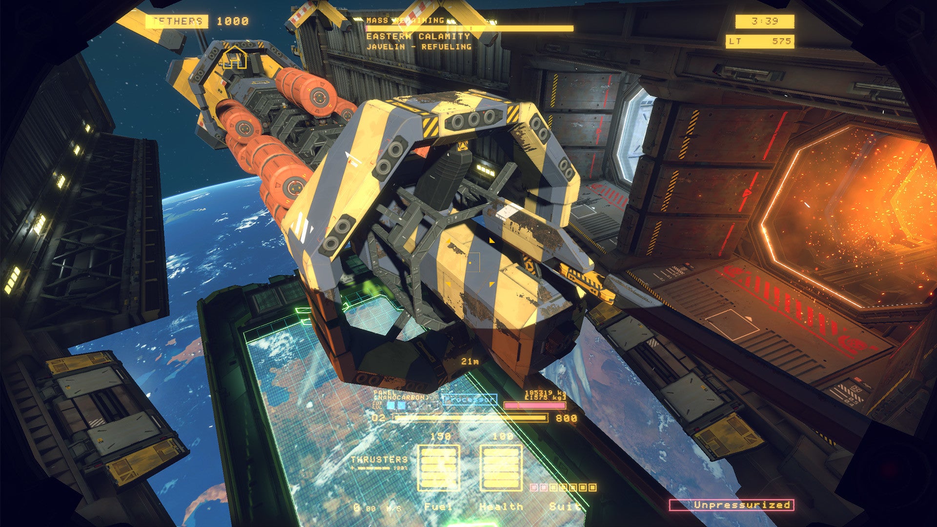 A big spaceship sat in a salvage dock in a Hardspace: Shipbreaker screenshot.
