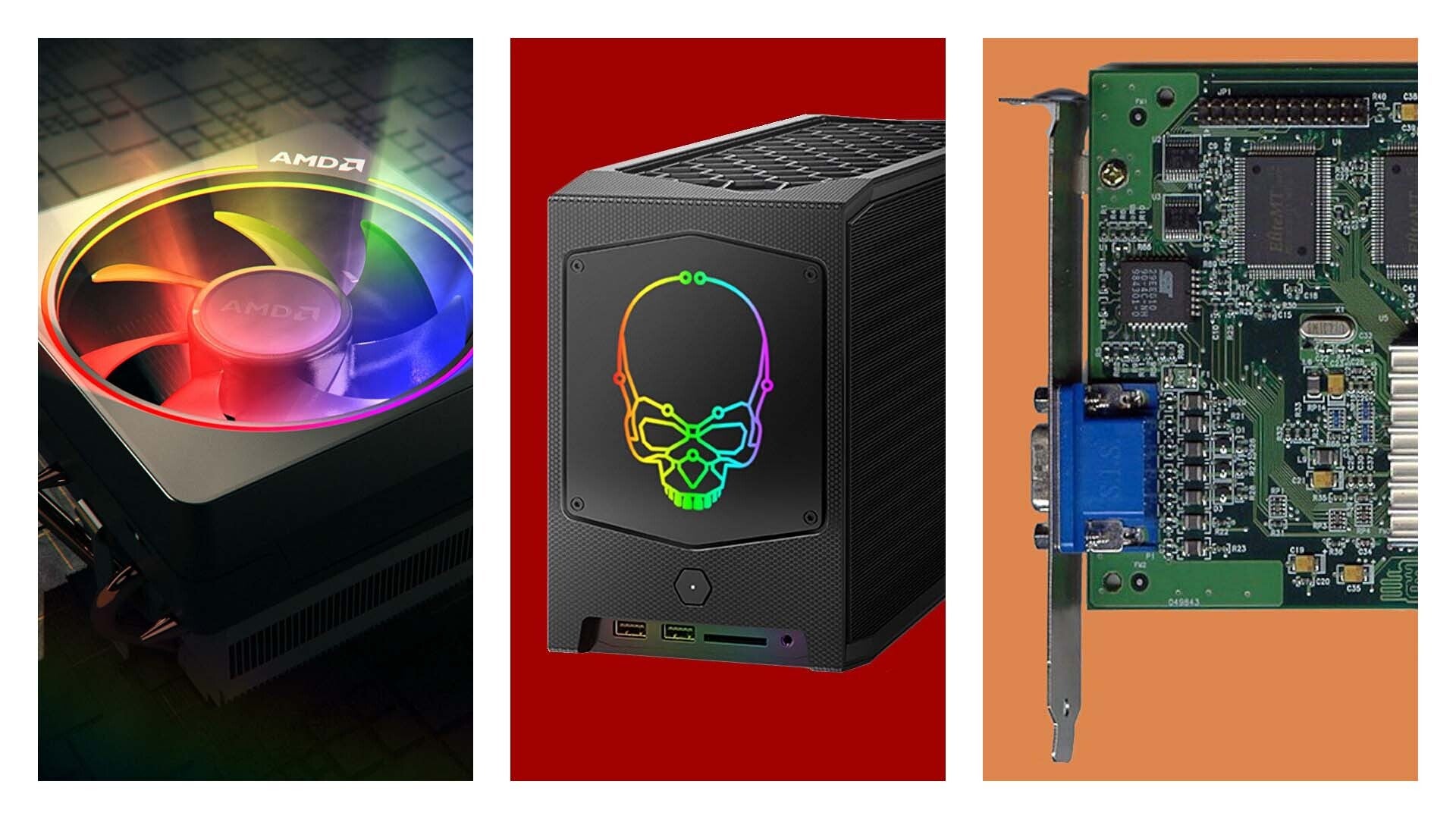 a composite image of, left to right, a PC fan, a PC tower with a rainbow skull light on it, and a graphics card