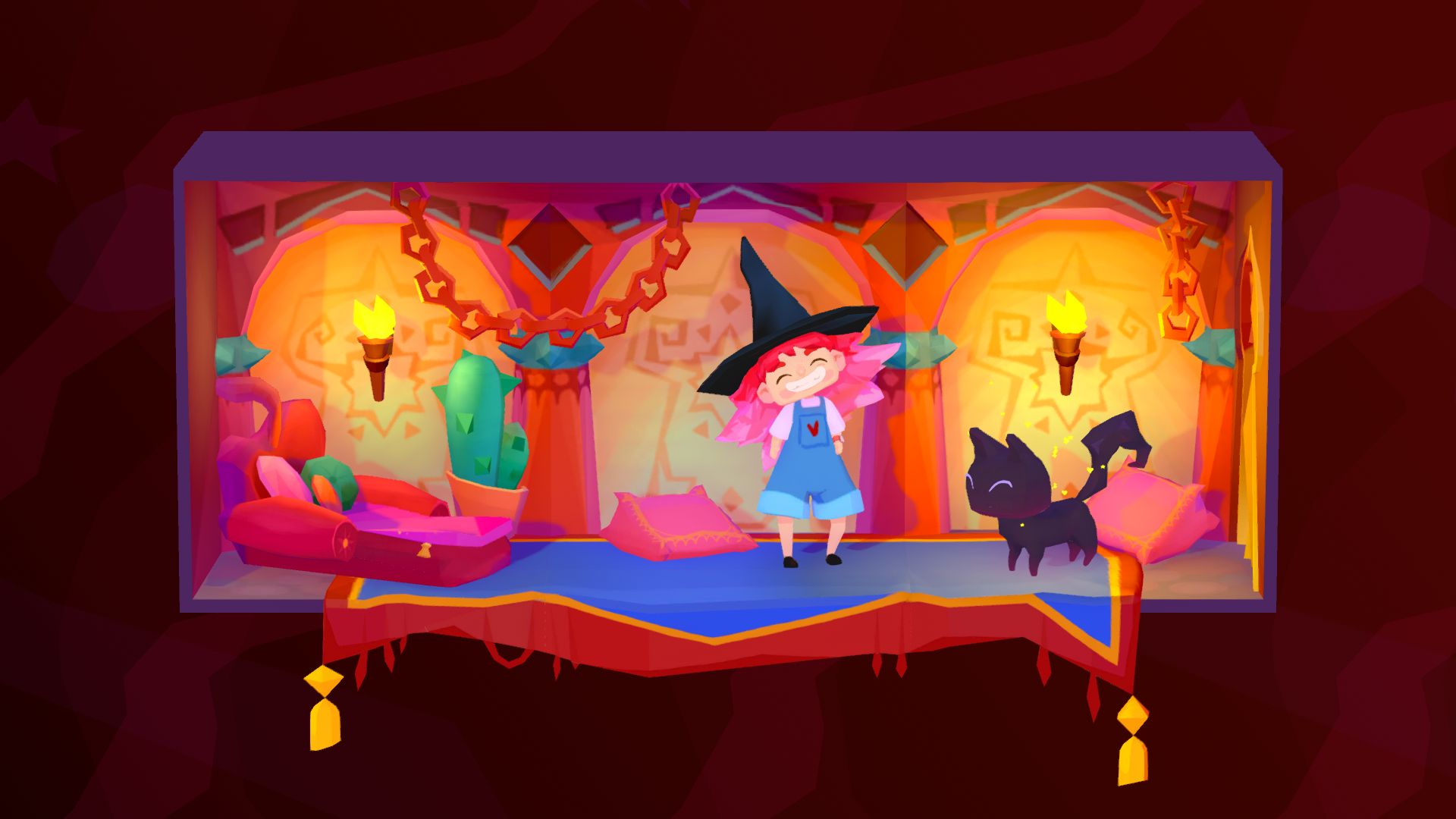 Harmony, a witch, and her little black cat, standing in a small diorama corridor with rugs and cushions on the floor.