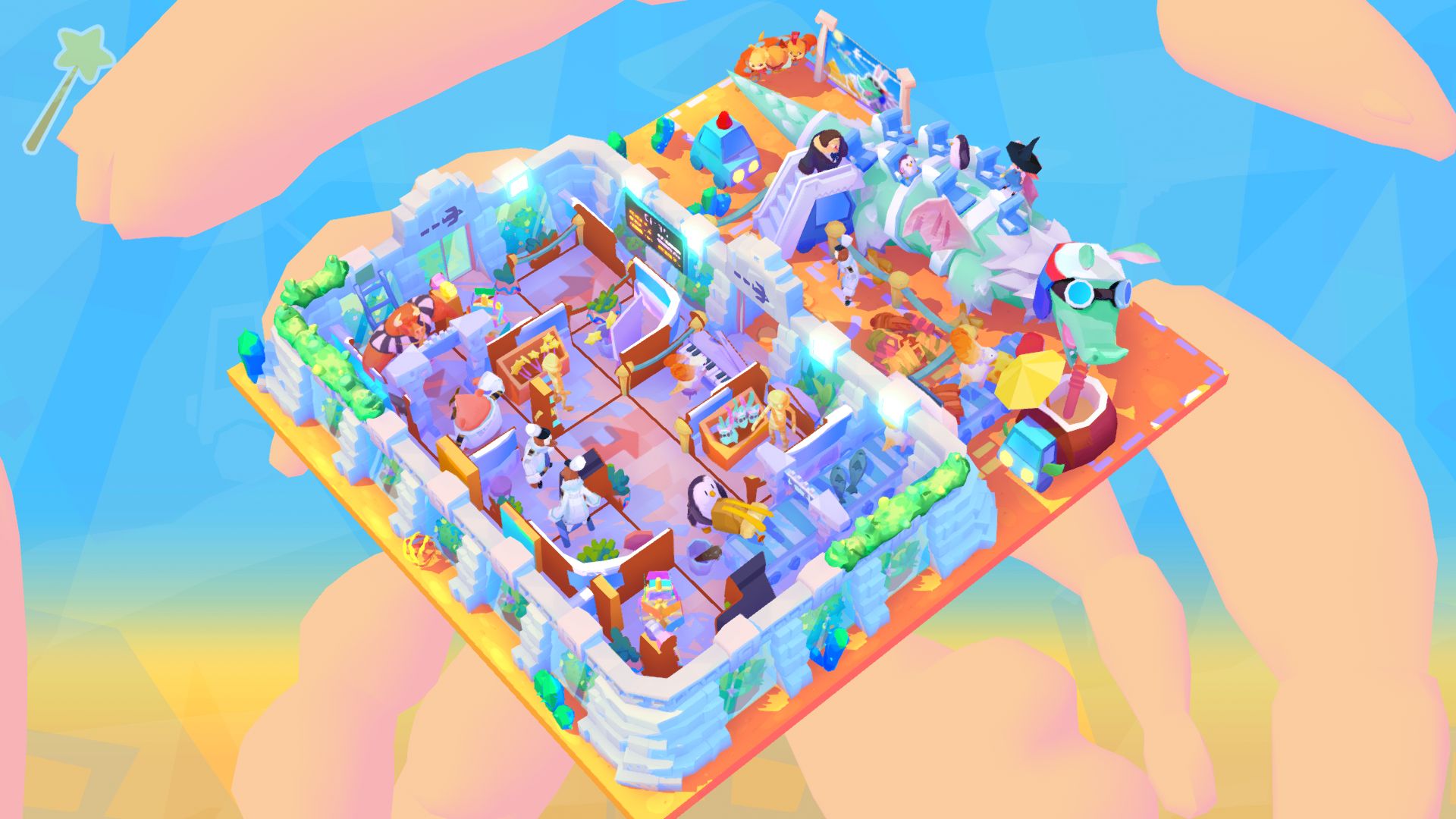 A half completed puzzle in Harmony's Odyssey of a 3D diorama of a fantasy airport. The plane is a blue dragon, refuelling my drinking from a giant cocktail