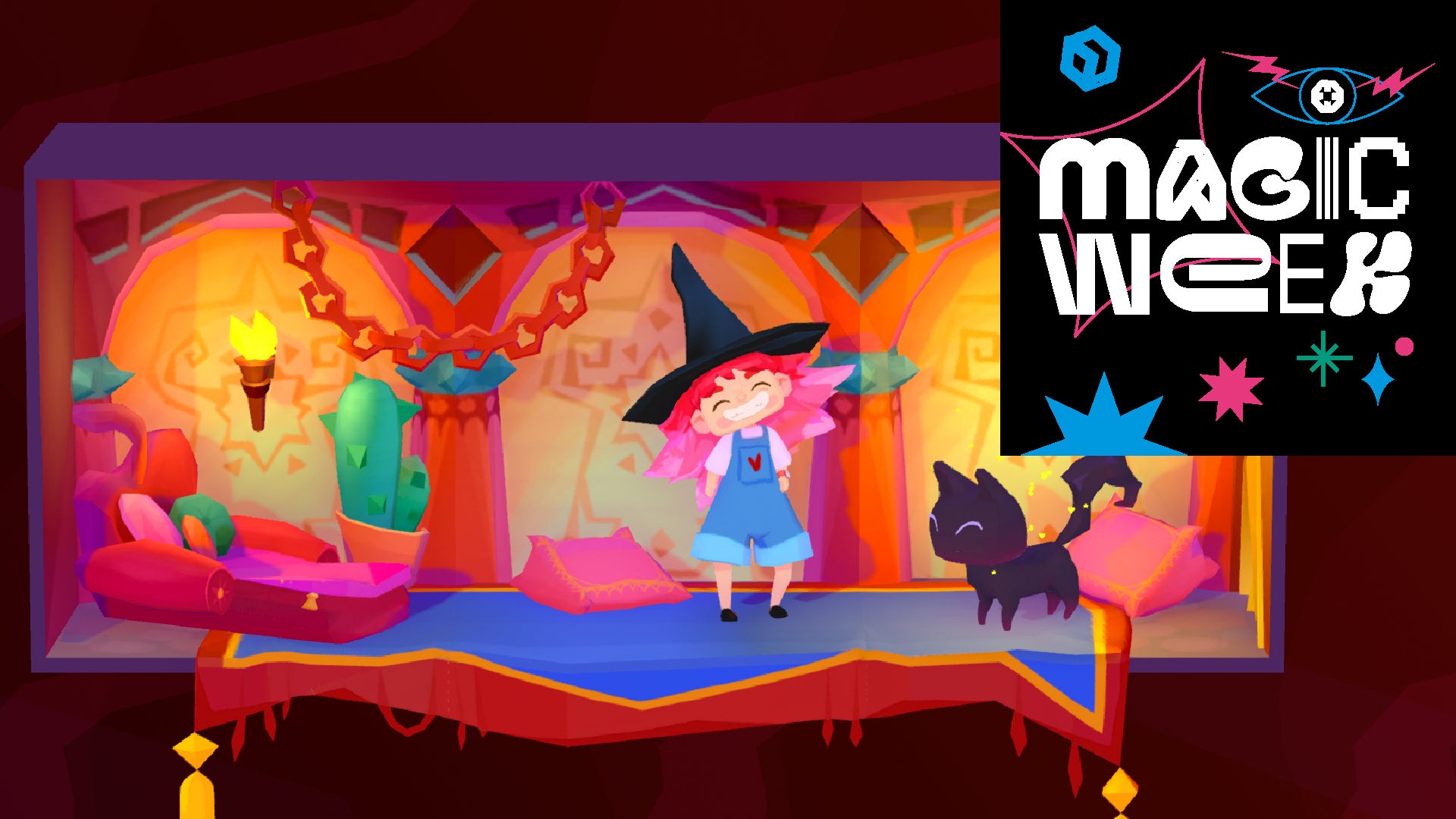 Harmony, a witch, and her little black cat, standing in a small diorama corridor with rugs and cushions on the floor. A black square logo reading MAGIC WEEK is across the top right corner