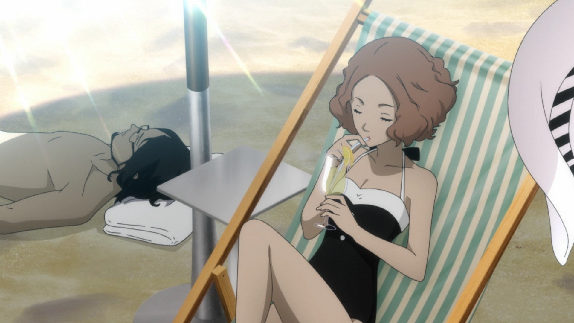 Haru relaxes on the beach in Persona 5 Strikers. Zenkichi is in the background.