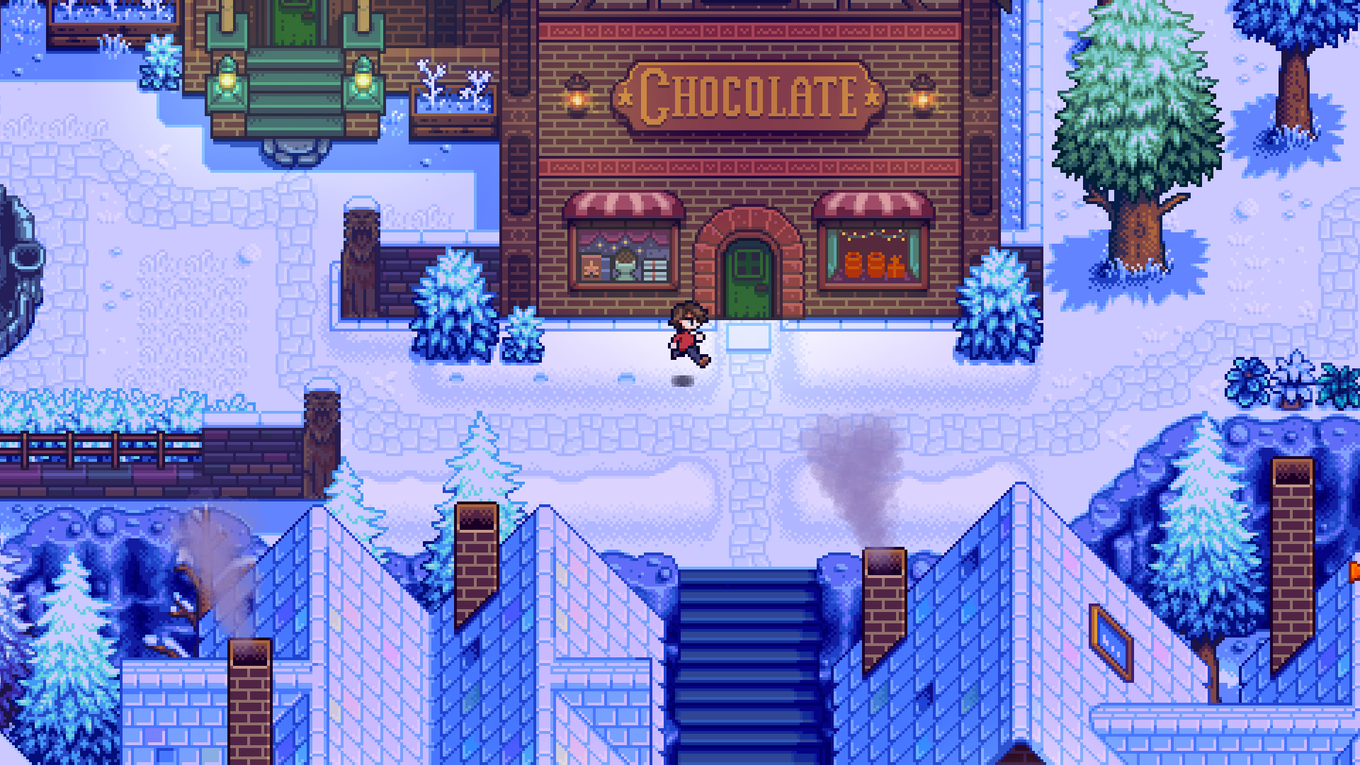 A character runs in front of a chocolate shop in Stardew creator Eric "ConcernedApe" Barone's upcoming game, Haunted Chocolatier.