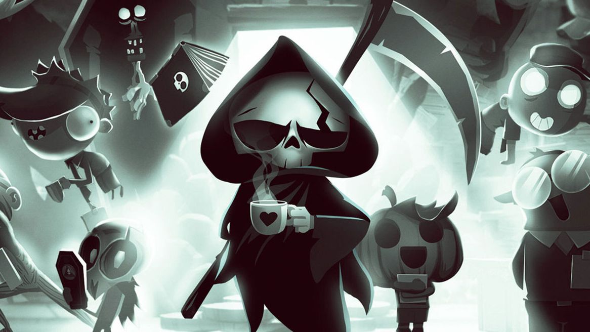 A piece of promotional art for Have A Nice Death showing death, a small skeleton with a scythe, holding a steaming mug of coffee and surrounded by strange employees