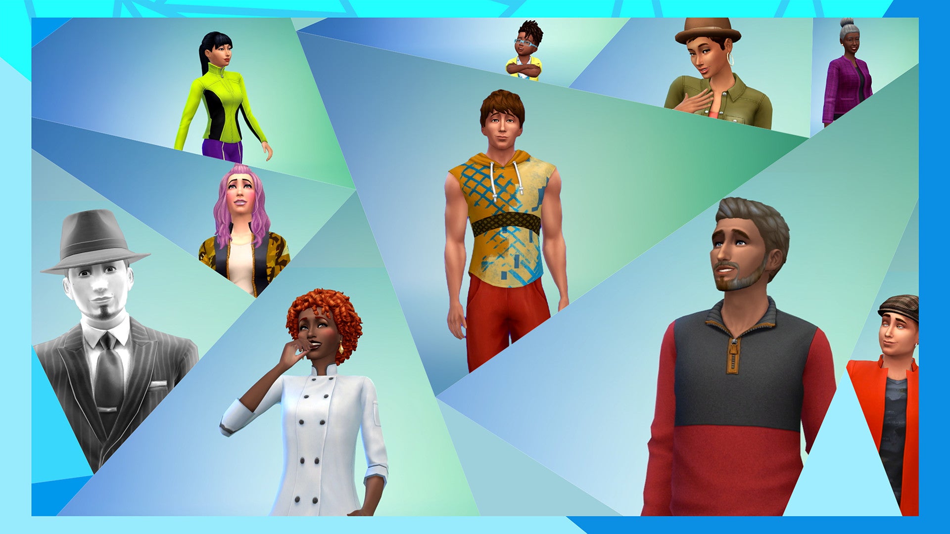 An abstract cover image for The Sims 4 shows a variety of Sims in portrait (ranging in age from Toddlers to literal ghosts) against an on-brand blue-green background composed of jagged plumbob-like frames.