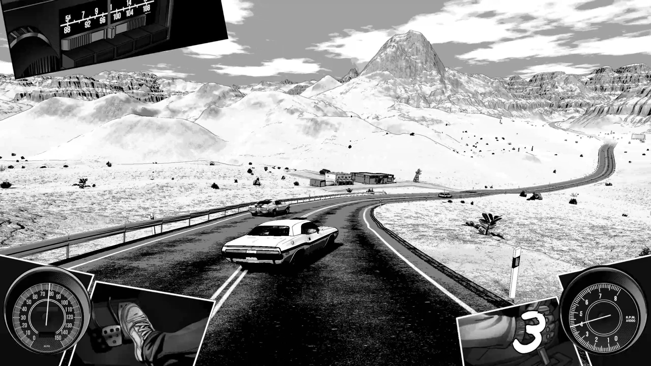 Heading Out - In all black and white a car swerves on a desert highway. Comic book style panels show the car's radio, odometer, pedals, and gear shift around the edges of the screen.