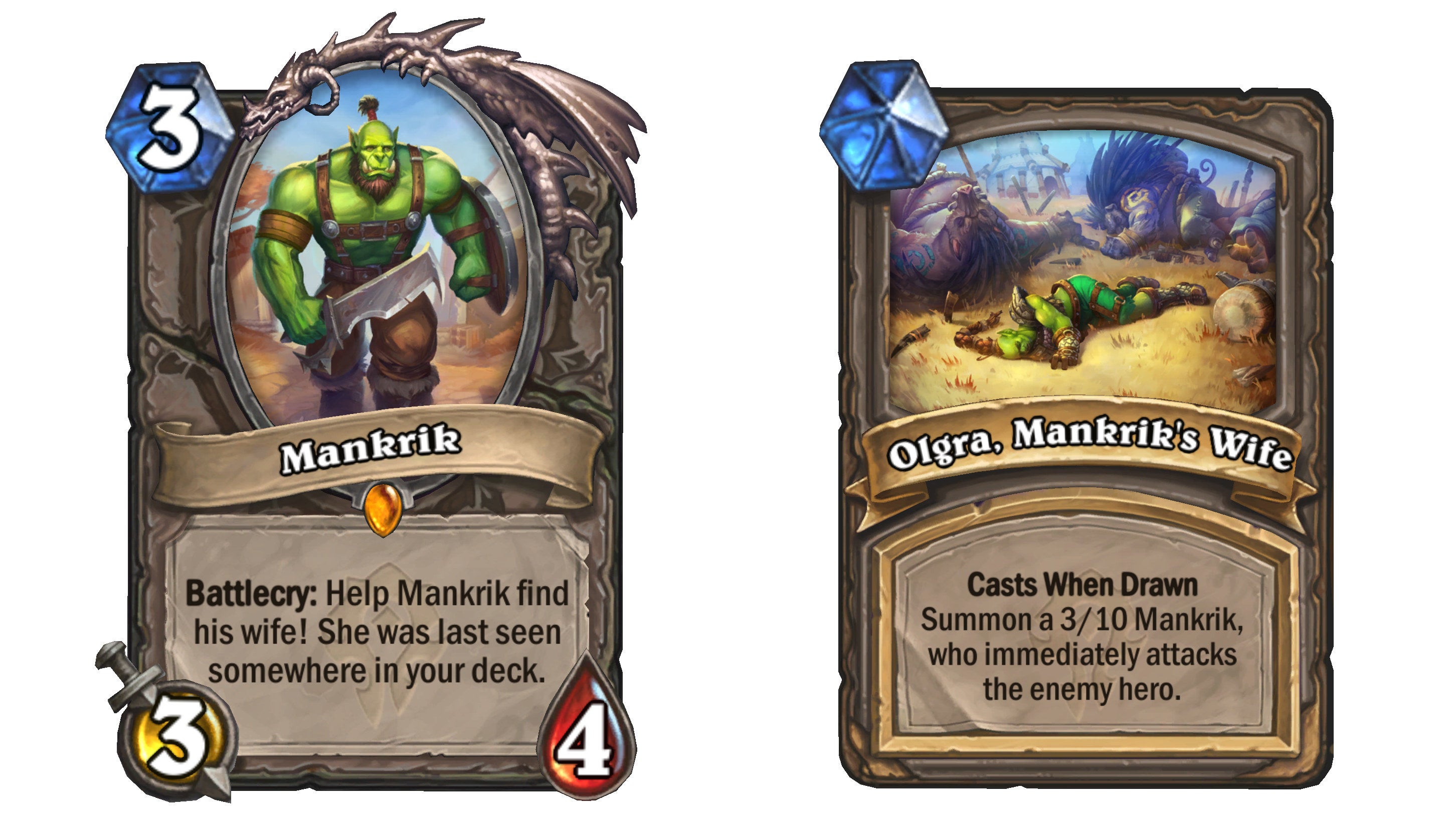 Cards for Mankirk and his wife in Hearthstone: Forged In The Barrens.