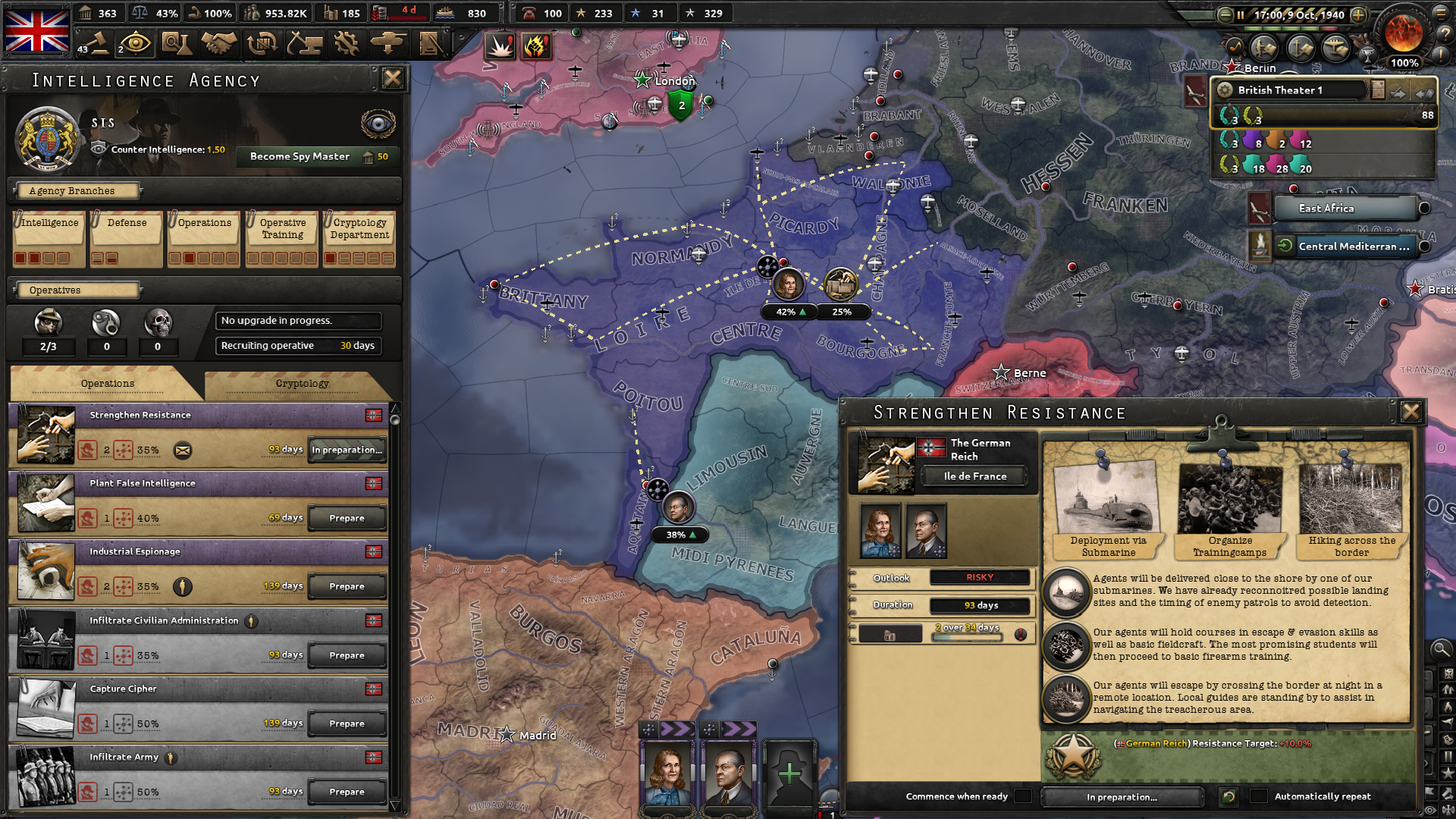 Considering options at the Intelligence Agency in a Hearts Of Iron IV screenshot.