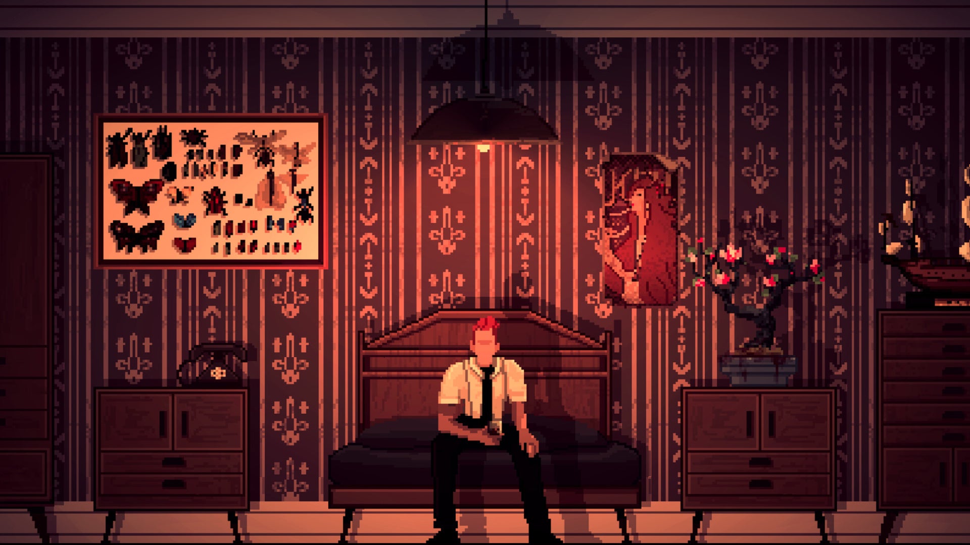 A pixel art bedroom in Hell Is Others, with the protagonist sitting on the foot of the bed staring at the camera.