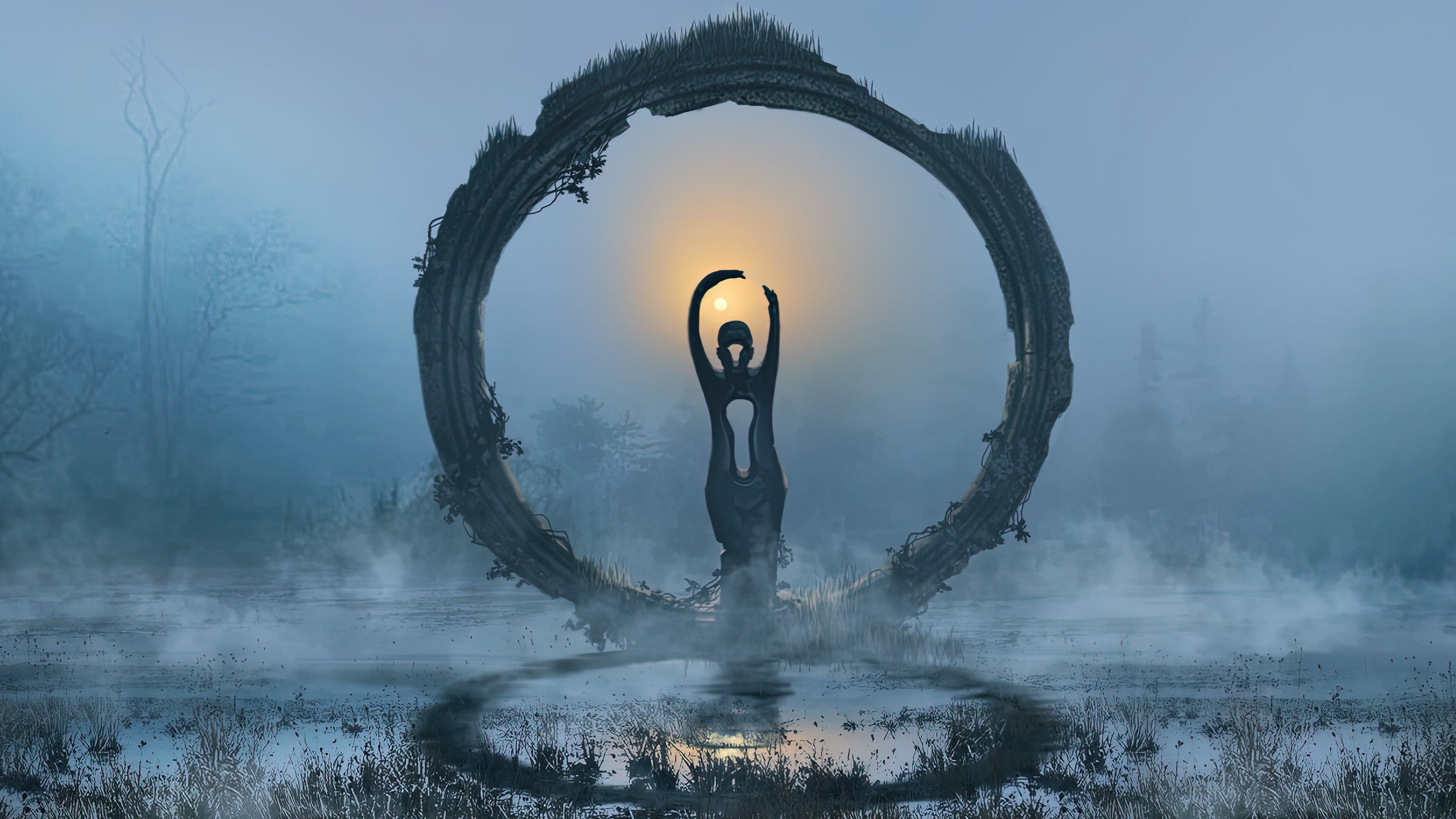 A human-like figure within an overgrown stone ring gesturing around the sun in the Hell Is Us key art.