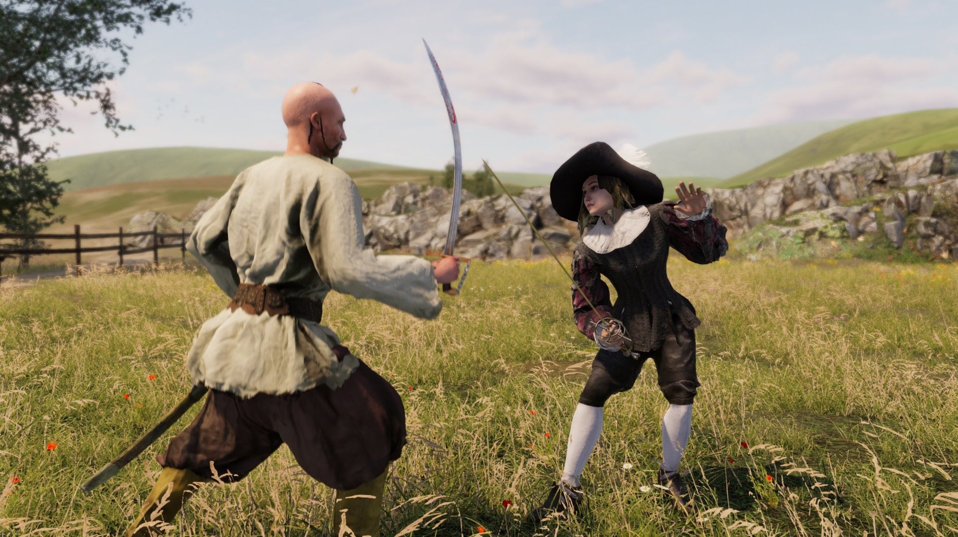 A screenshot showing two people fighting with swords in a field, one a bald man, one a woman, from the game Hellish Quart.