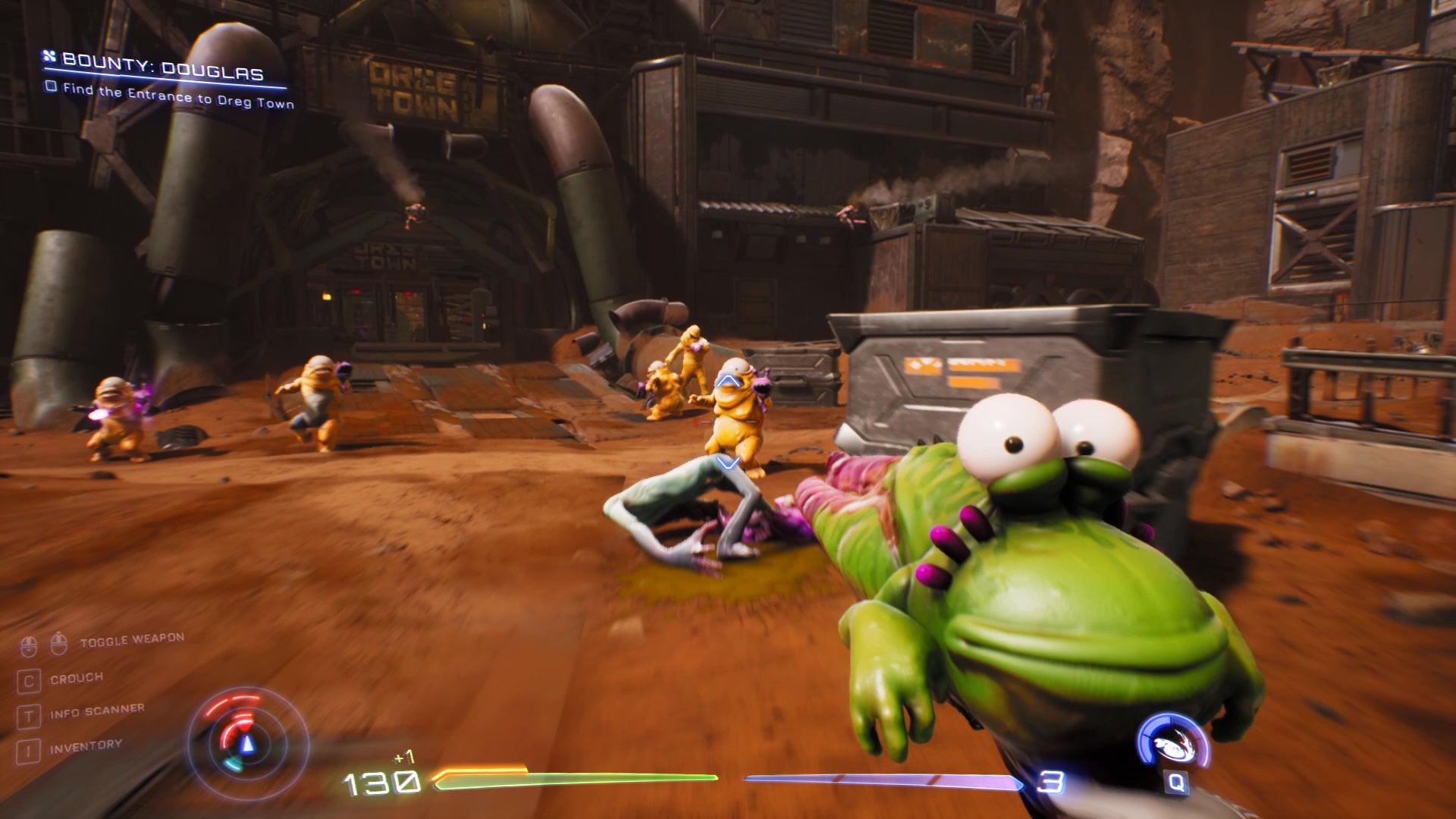 The player wields a green alien gun and fires at some blobby, yellow enemies in High On Life.