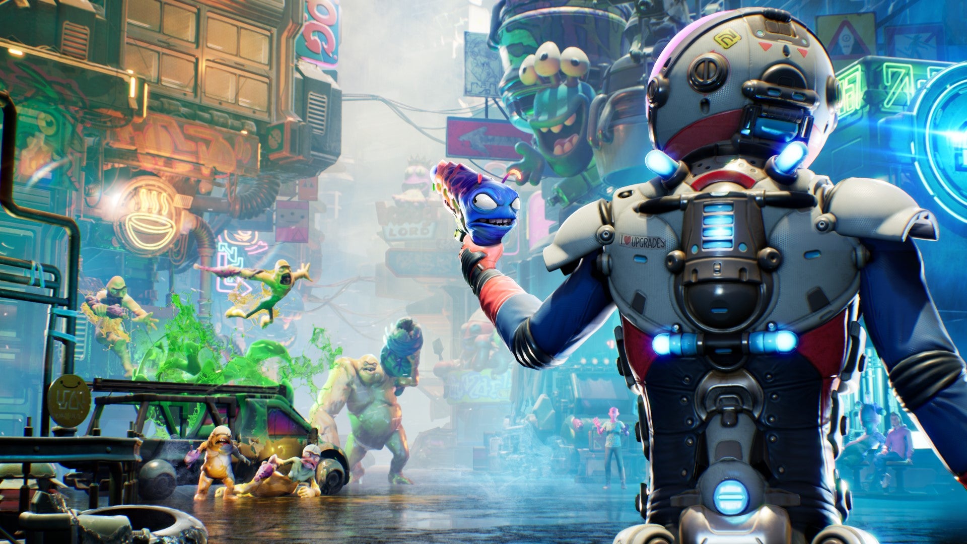 High On Life's key art which shows the main character wielding a blue alien gun and looking at some gangly green enemies.