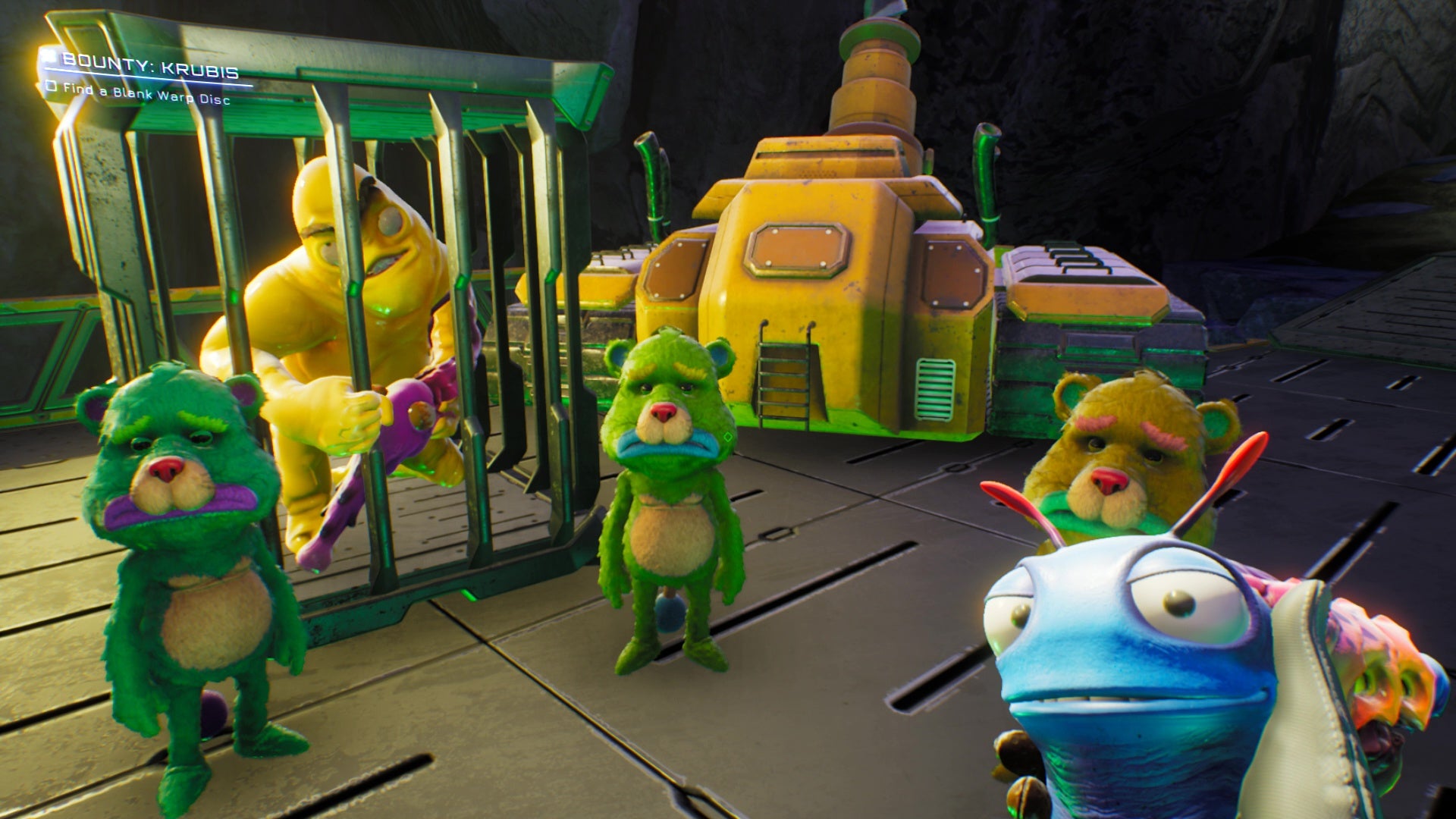 The player talks to some sad teddy bears who've caged a yellow alien in High On Life.