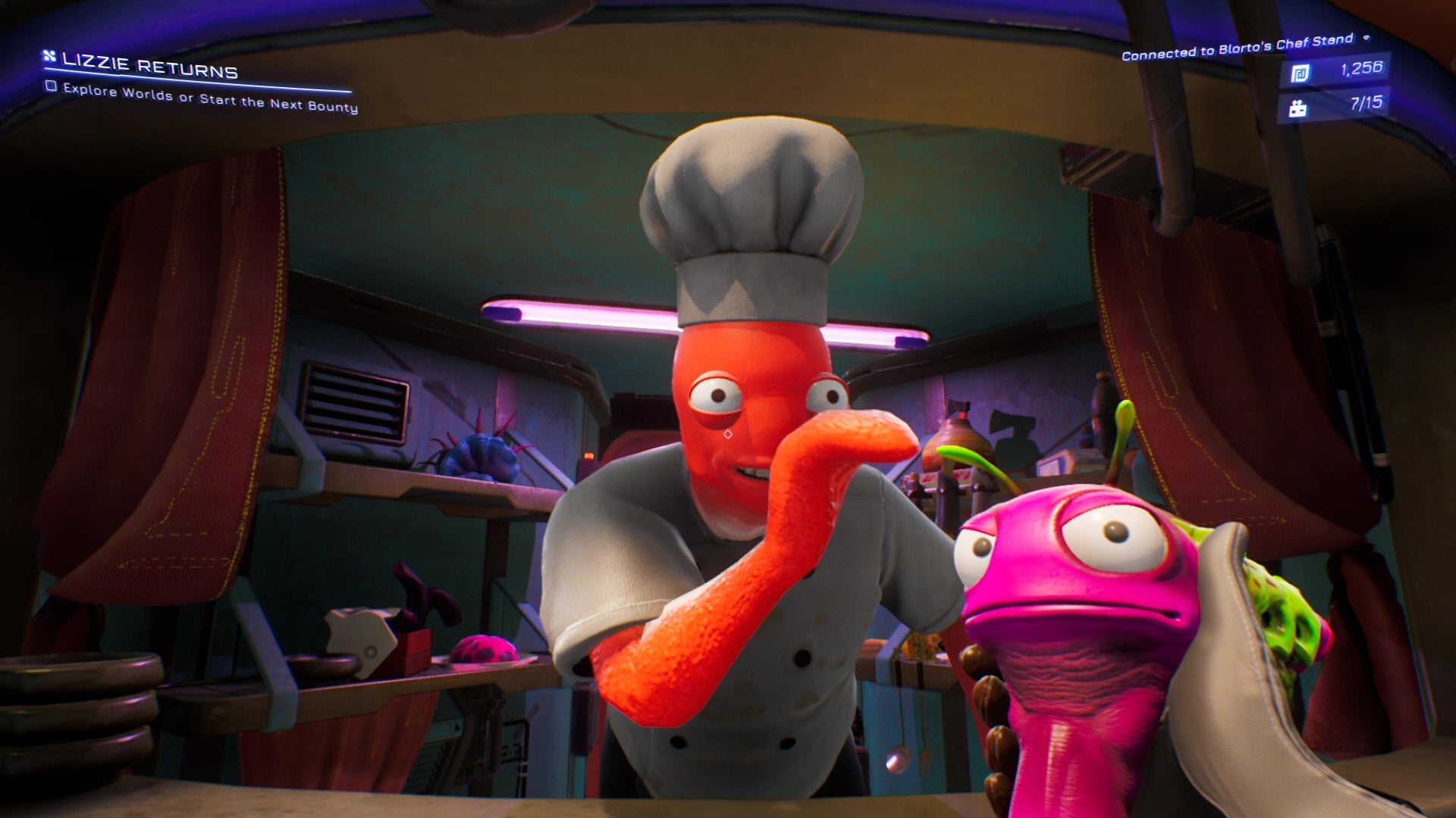 The player cradles a pink alien gun and speaks to Blorto, an orange alien who sneakily lets you in on his illegal activities in High On Life.