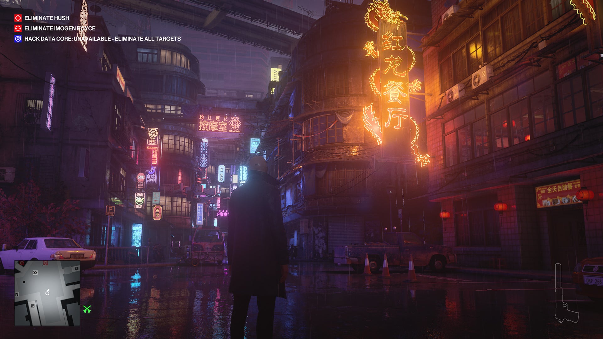 A screenshot of the Chongquin level of Hitman, a narrow street lit by bright neon signs.