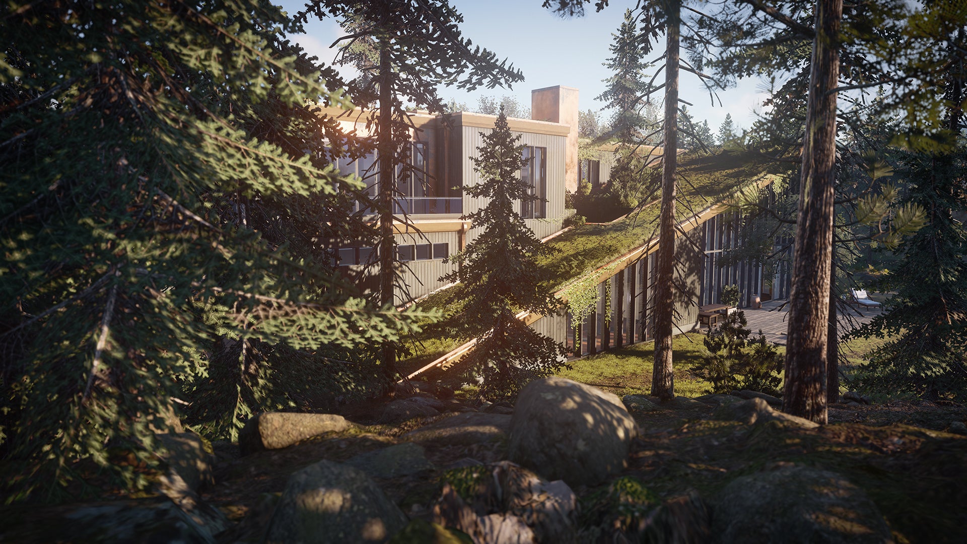 Ian Hitman's safe house seen through the trees in a Hitman 3: Year 2 screenshot.