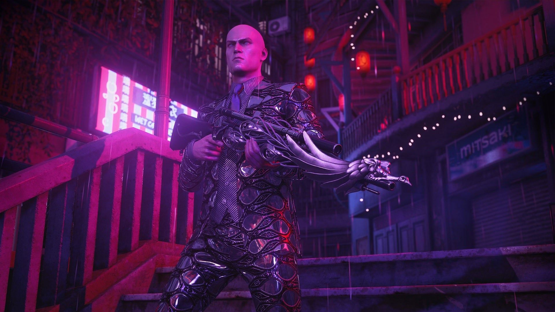 Hitman 3 - Agent 47 walking through Chongqing at night wearing a reflective Pride suit and carrying the DLC pride-themed gun.