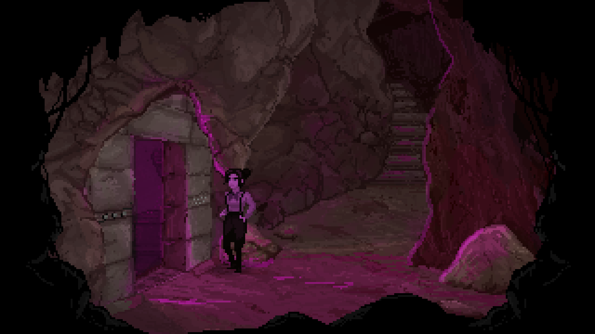 A woman with a purple light enters the cave through an open door in the excavation of Hobbs Barrow.