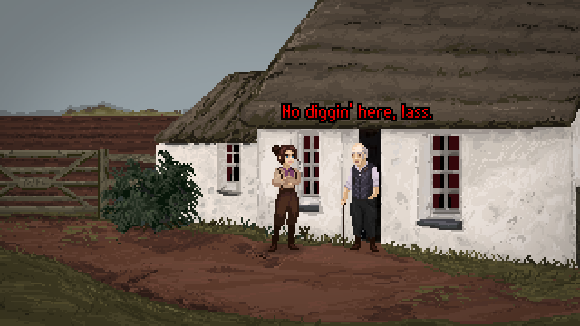 A woman converses with an old man outside a hut in the excavations of Hobbs Barrow.