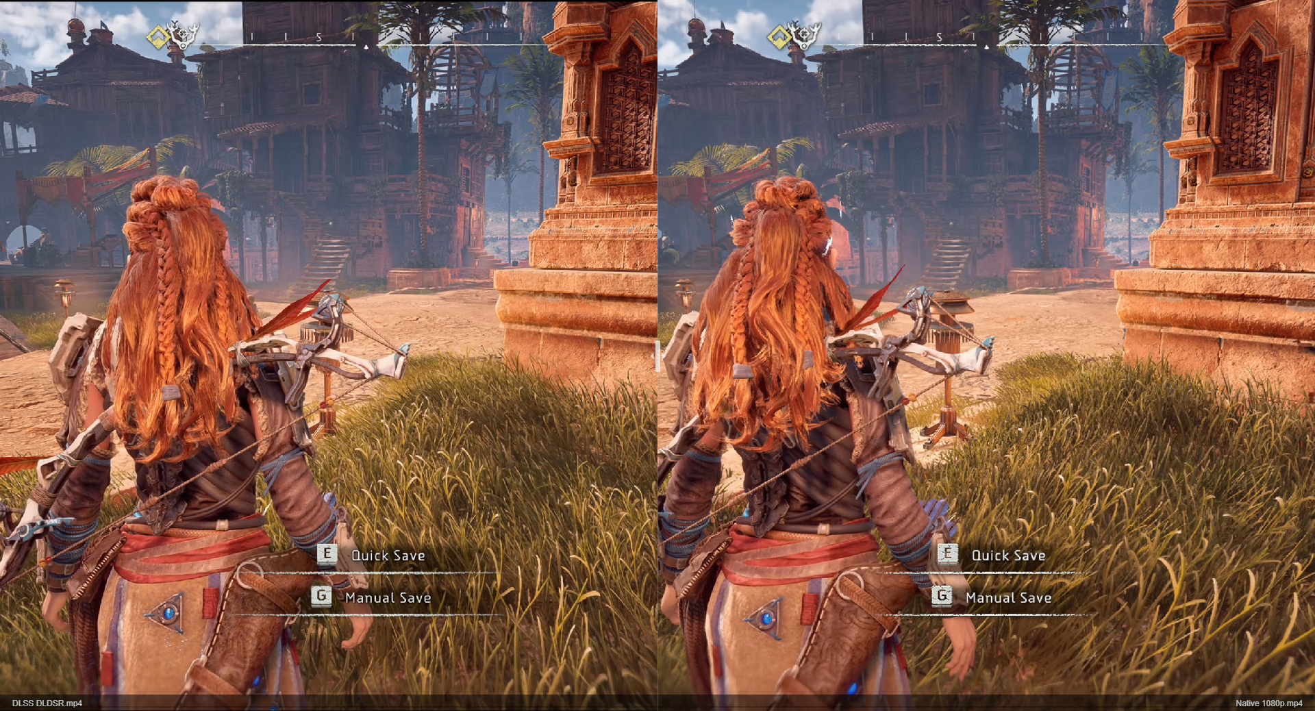 A Horizon Zero Dawn graphics comparison image showing DLSS/DLDSR on the left versus native rendering on the right.