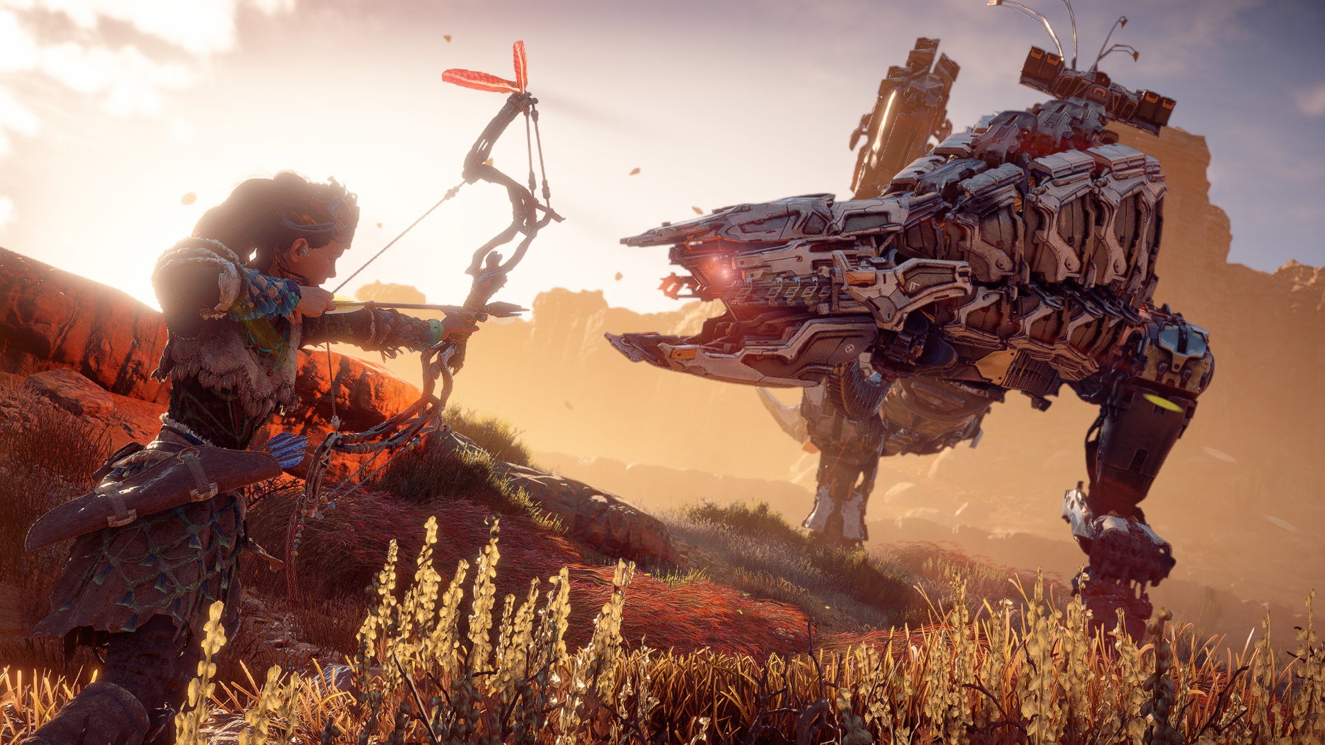 Aloy prepares to fire an arrow at the Thunderjaw bearing down on her in Horizon Zero Dawn.