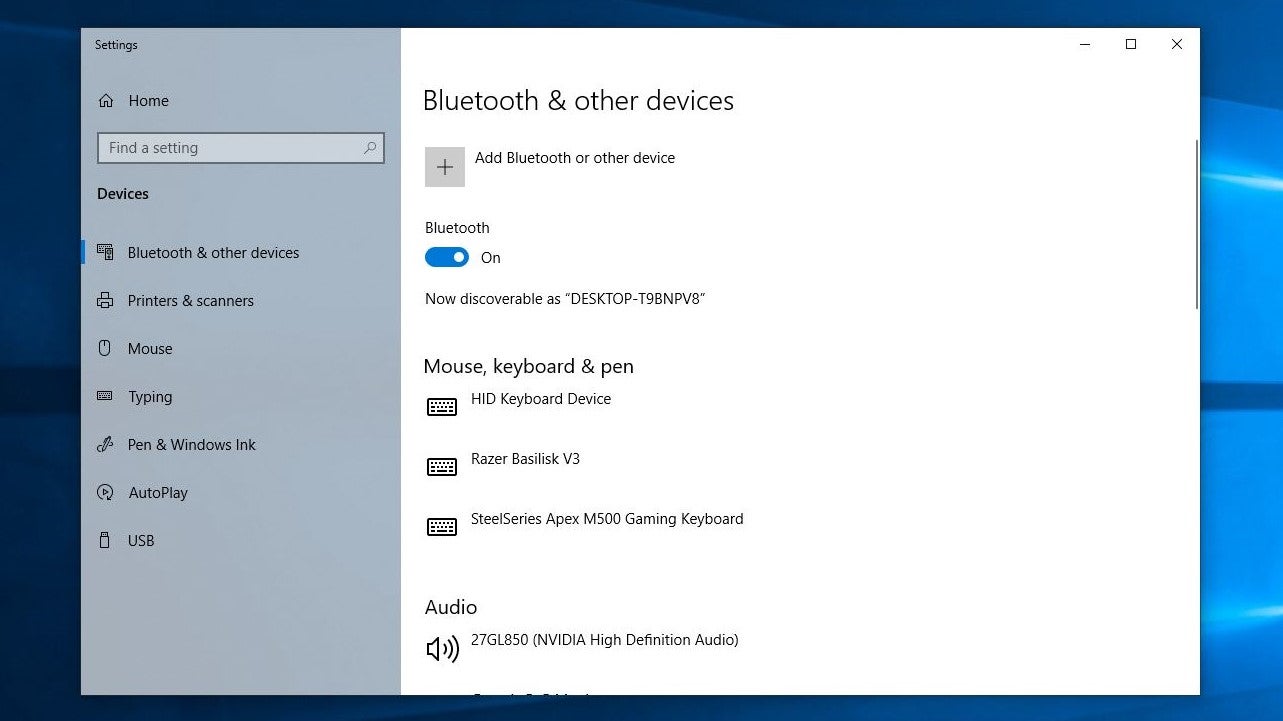 A screenshot of Windows 10's Bluetooth settings page.