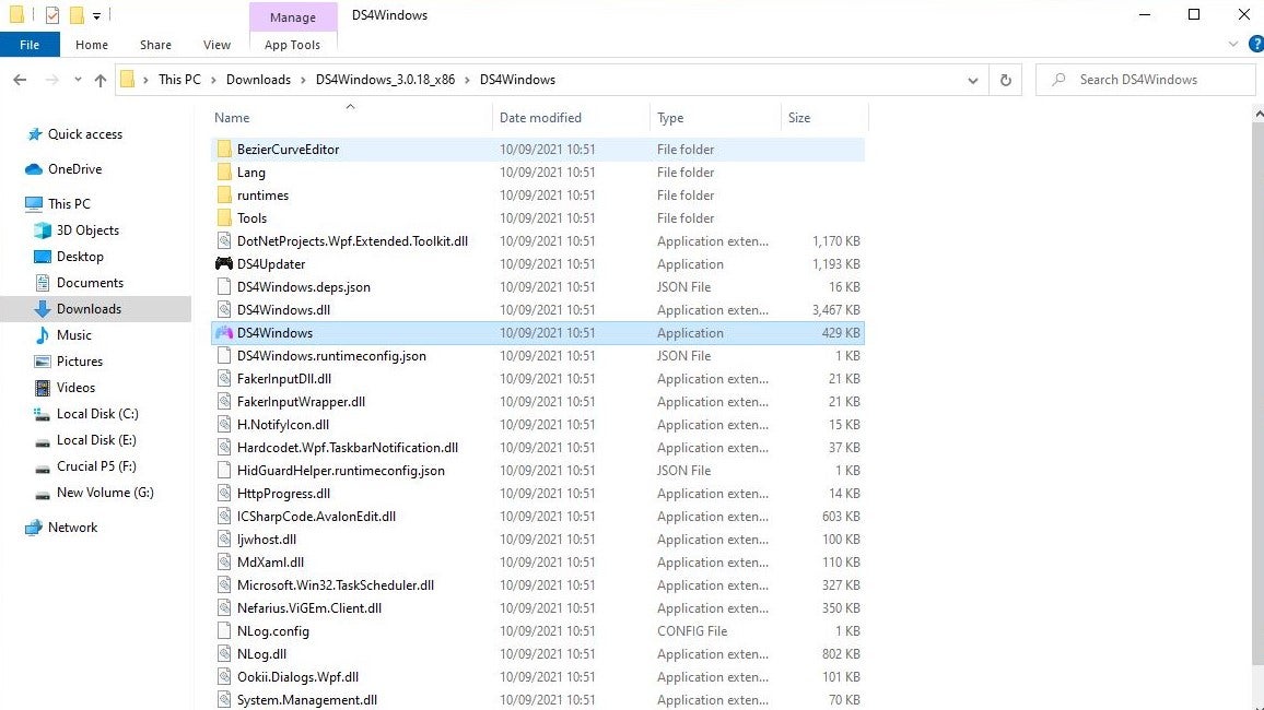 A screenshot of DS4Windows files in Windows Explorer, highlighting the executable file that the user must run.