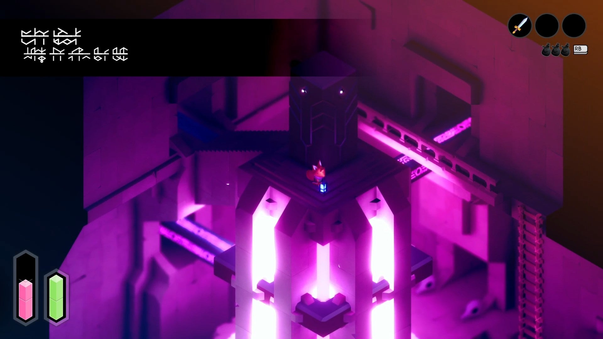 Tunic fox leaning down to grab a lantern next to a stone pillar. The room is illuminated with a bright purple light