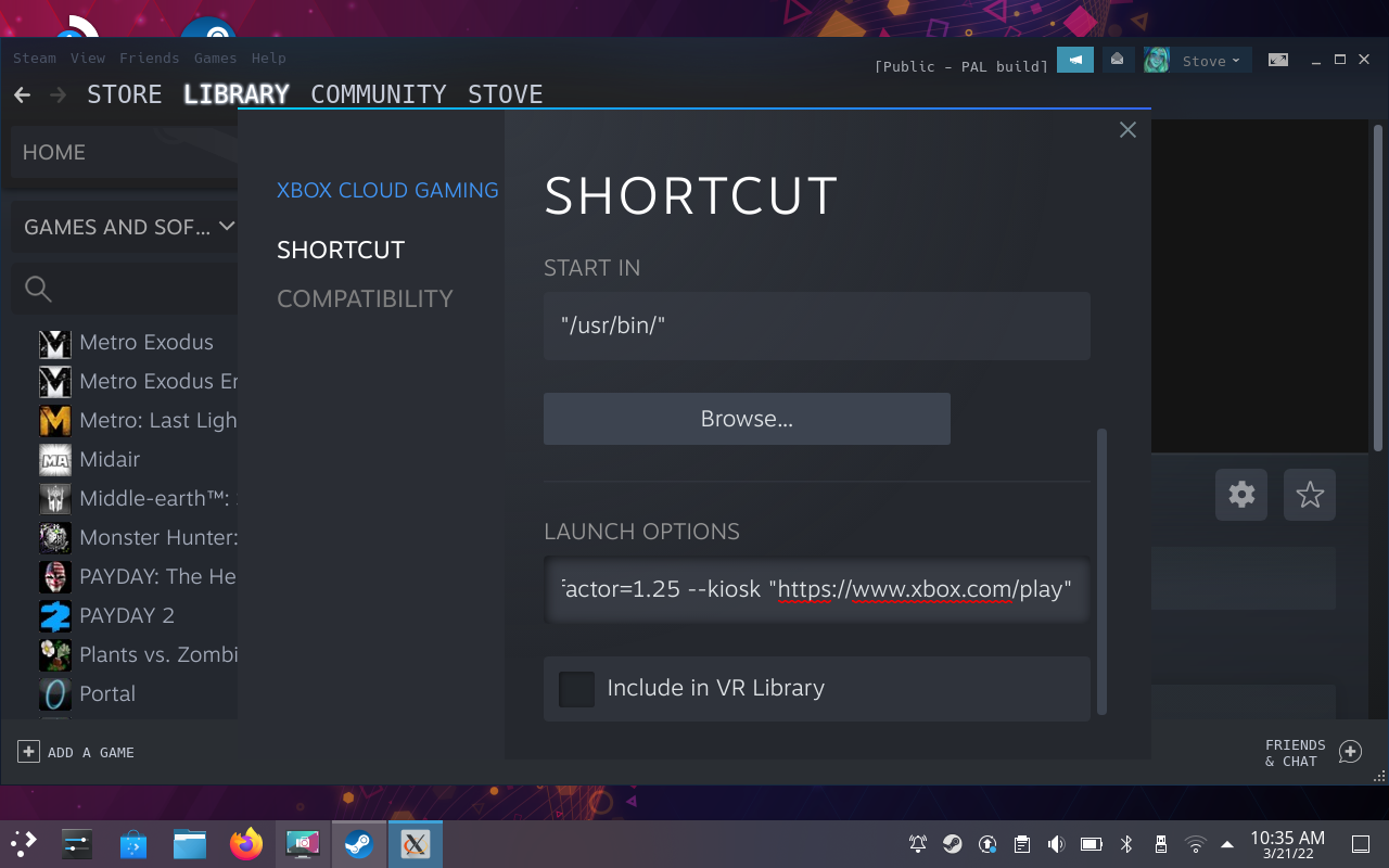 Step 11 of how to get Xbox Cloud Gaming on the Steam Deck: Optionally rename the app. In the launch options field. add a space after the existing text then add --window-size=1024,640 --force-device-scale-factor=1.25 --device-scale-factor=1.25 --kiosk "https://www.xbox.com/play"