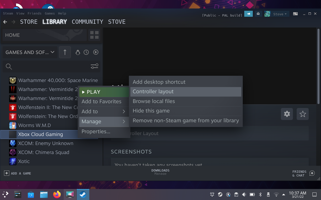Step 12 of how to get Xbox Cloud Gaming on the Steam Deck: Close properties, right click on Edge again, select Manage, then Controller layout. Click Browse Configs and select Gamepad with Mouse Trackpad