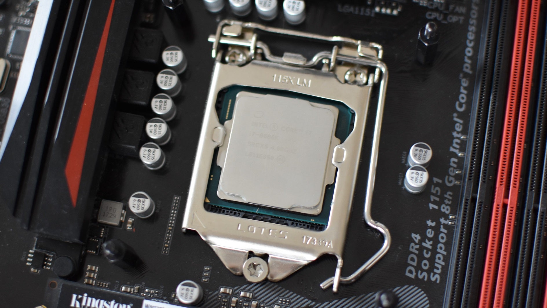 An Intel Core i7-8086K installed in a motherboard socket.