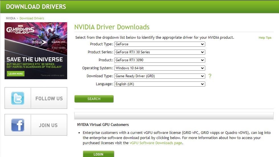 A screenshot of Nvidia's graphics driver download page.