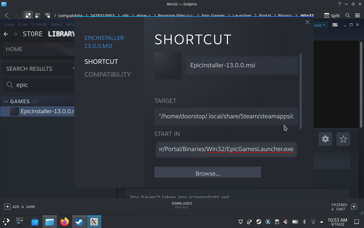 Step 11 of how to install the Epic Games Launcher on the Steam Deck: In the “Shortcut” field, delete the existing shortcut path (except for the quote marks) and paste in the new one. Do the same with the “Start In” field, except this time, delete “EpicGamesLauncher.exe” from the end of the path.