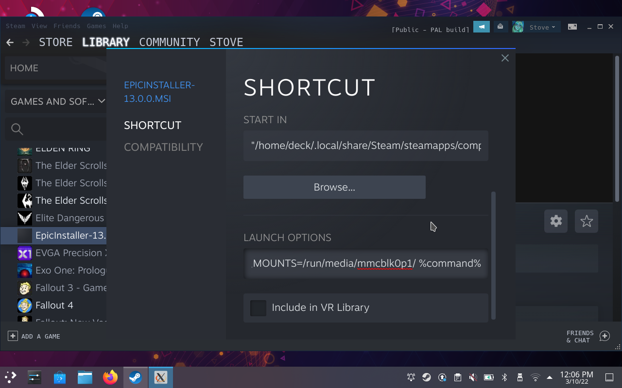 Step 16 of how to install the Epic Games Launcher on the Steam Deck: In the installer's Properties, type STEAM_COMPAT_MOUNTS=, then paste the file path, then leave a space and type “%command%.