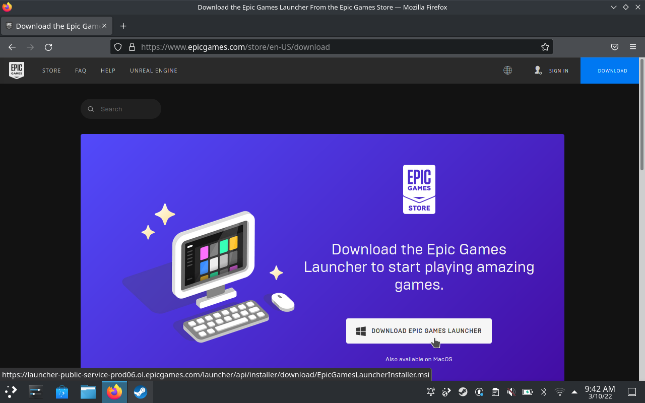 Step 2 of how to install the Epic Games Launcher on the Steam Deck: going to the Epic Games Launcher webpage and downloading the installer.